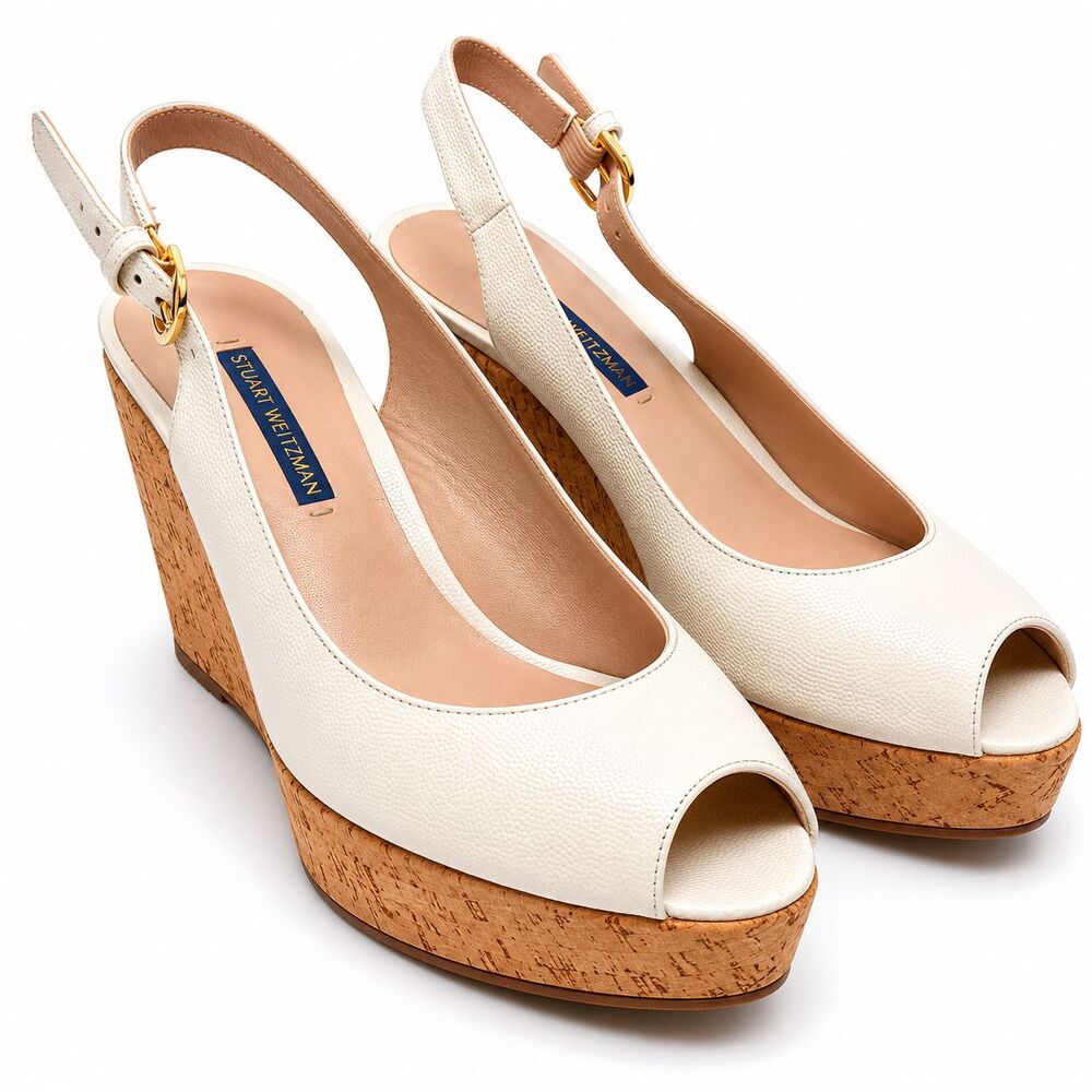 Stuart Weitzman Off White/Ivory Leather Cork Wedge Slingback Peep Toe Heels 10